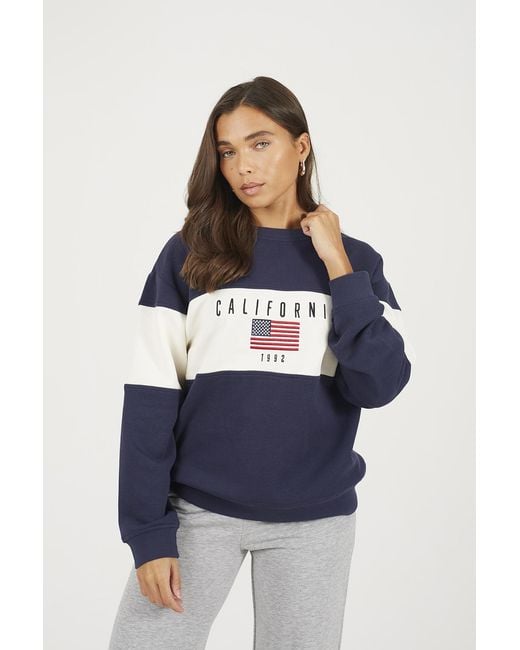Brave Soul Blue Contrast Stripe Panel Crew Neck Sweatshirt