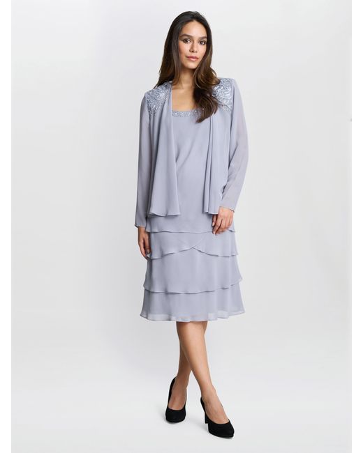 Gina Bacconi Blue Camira Lace Shoulder Bead Tier Jacket Dress