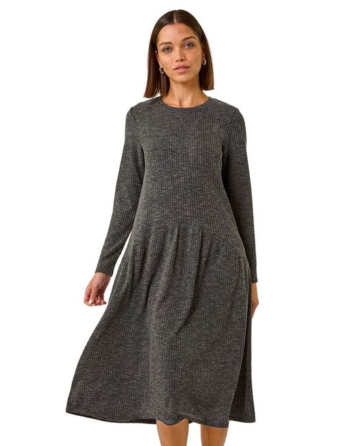 Roman Black Ribbed Drop Waist Stretch Midi Dress