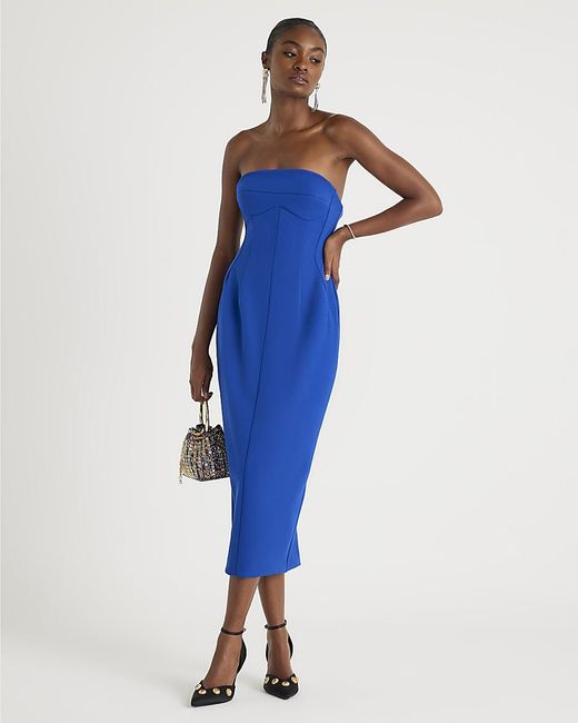 River Island Blue Bandeau Midi Dress Sleeveless Bodycon