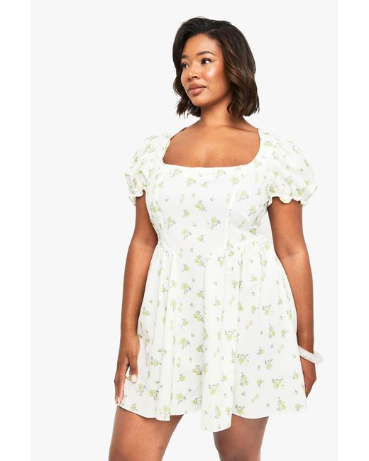 Boohoo White Plus Puff Sleeve Ditsy Milkmaid Dress