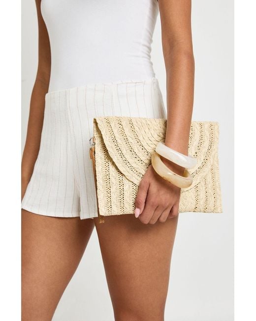 Boohoo White Raffia Fold Over Clutch Bag With Crossbody Strap