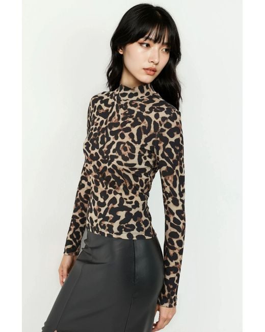 Hiccup Black Leopard Print Half Turtleneck Top