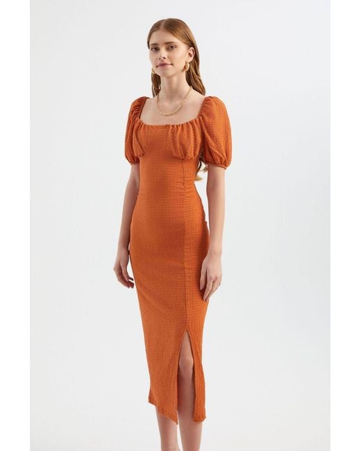 Hiccup Orange Sweetheart Neck Smocked Balloon Sleeves Midi Dress With A Side Slit