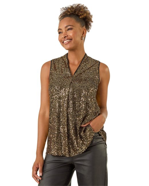 Roman Brown Sequin Pleat Front Vest Top