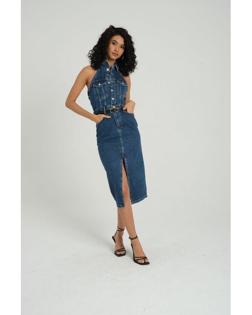 Hiccup Blue Denim Polo Collar Buttoned Front Slit Sleeveless Maxi Dress