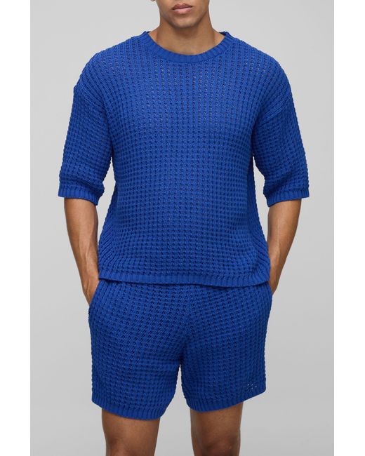 BoohooMAN Blue Regular Fit Open Tuck Stitch Knitted Shorts Set for men