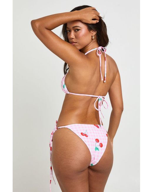 Boohoo Brown Gingham Cherry Print Triangle Top And Tie Side Bikini Set