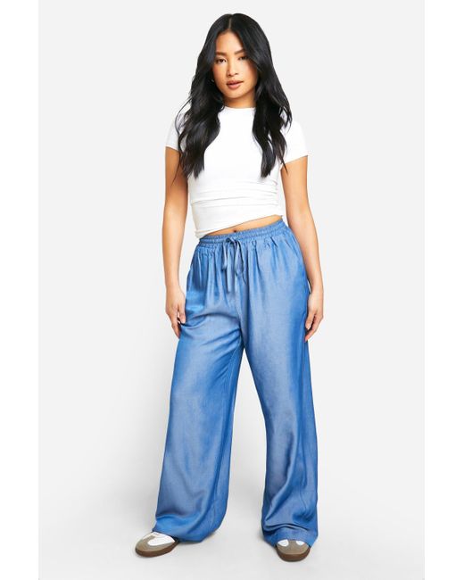 Boohoo Blue Petite Chambray Tie Waist Wide Leg Trouser