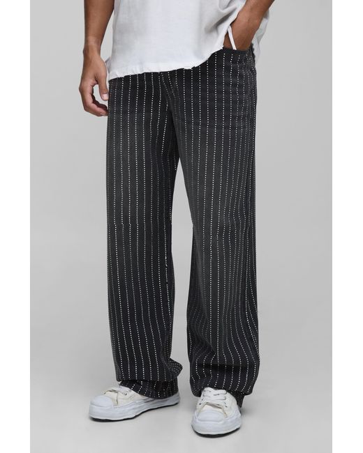 BoohooMAN Black Tall Stripe Rhinestone Relaxed Fit Jeans for men