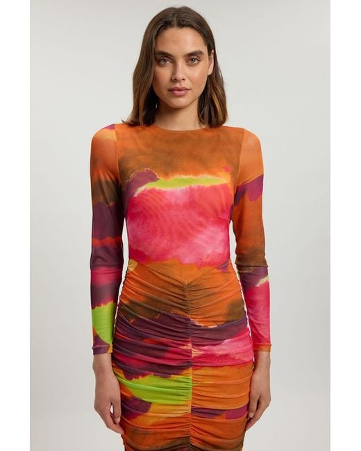 Karen Millen Red Marbled Print Mesh Ruched Maxi Dress