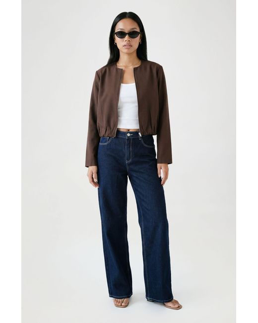 Boohoo Blue Longline Crop Zip Front Bomber Jacket