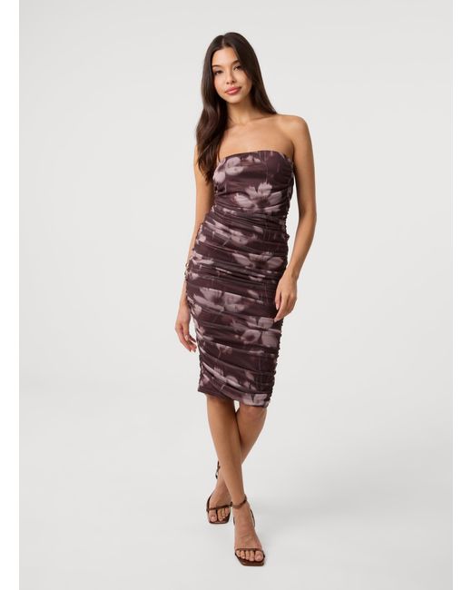 Pink Vanilla Red Ruched Floral Print Midi Dress