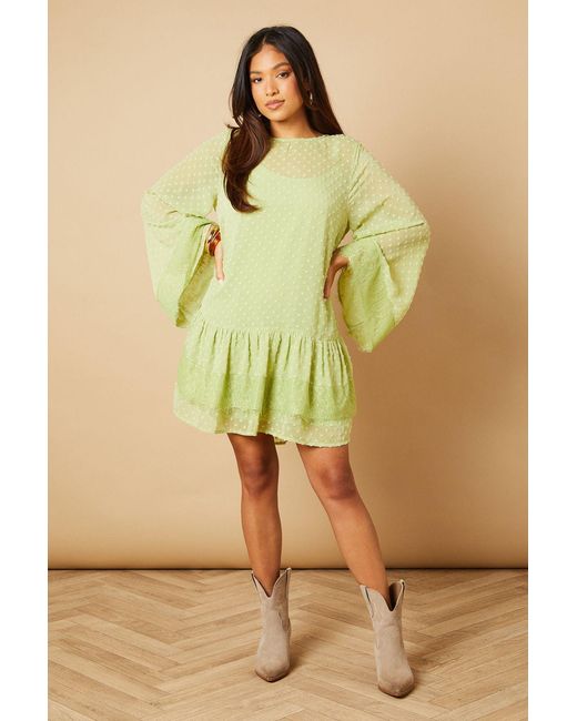 Oasis Green Petite Bell Sleeve Tiered Mini Dress