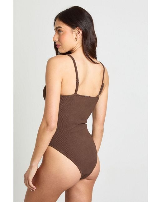 Boohoo Brown Tortoise Shell Trim Detail Crinkle Scoop Swimsuit