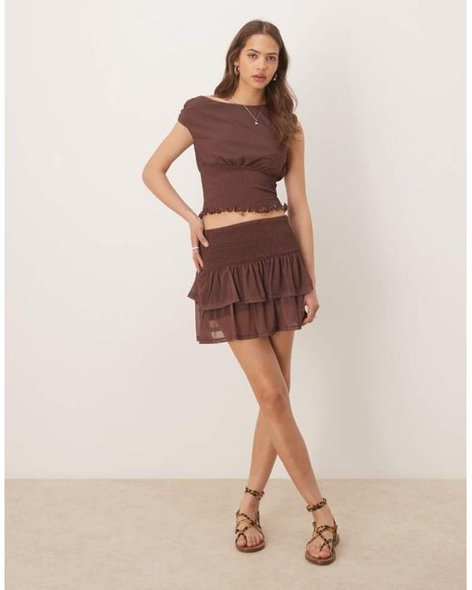 ASOS Brown Co Ord Asymmetric Neck Shirred Waist Top