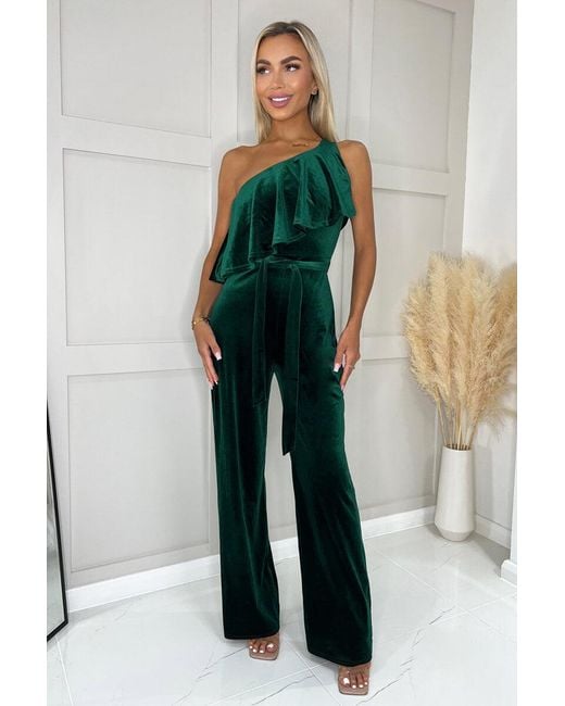 AX Paris Green Velvet One Shoulder Frill Belted Jumpsuit