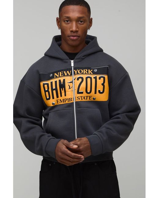 BoohooMAN Gray Oversized Shrunken Washed Licence Plate Graphic Zip Through Hoodie for men