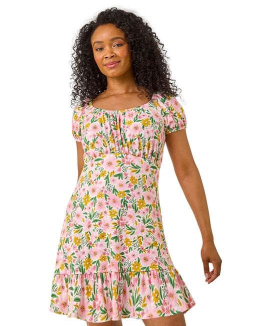 Roman White Petite Floral Print Frill Stretch Dress