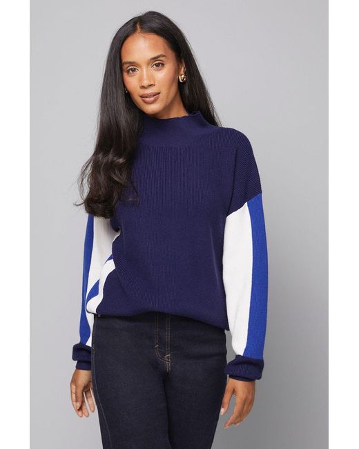 Wallis Blue Colour Block High Neck Ribbed Jumper