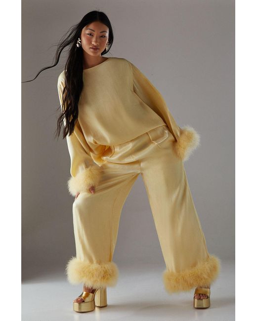 Warehouse Yellow Petite Premium Iridescent Feather Cuff Wide Leg Trouser