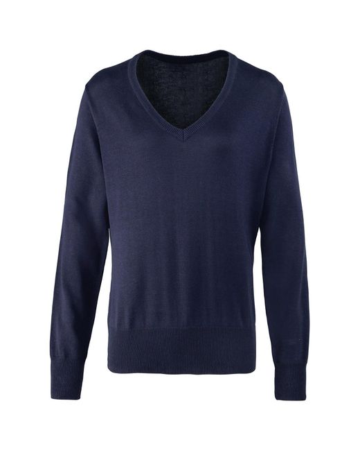 PREMIER Blue Ladies Knitted Cotton Acrylic V Neck Sweatshirt