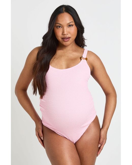 Boohoo Pink Maternity Crinkle Scoop Neck Trim Detail Swimsuit