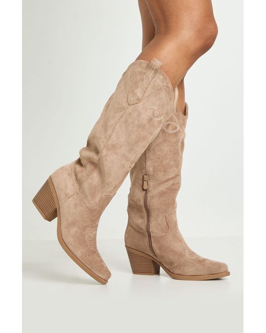 Boohoo Natural Faux Suede Tab Detail Knee High Western Boots
