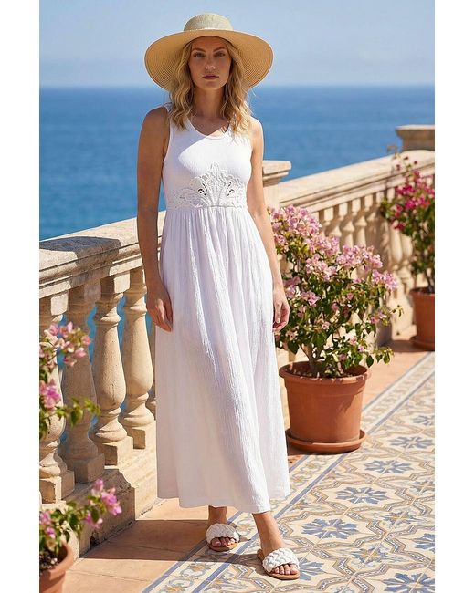 Roman Blue Cotton Blend Lace Detail Midi Dress