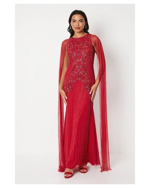Coast Red Premium Embellished Gown With Cape Sleeves