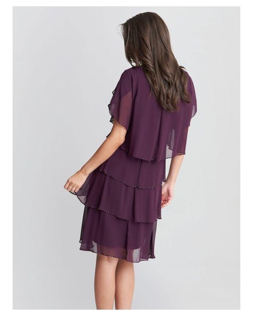 Gina Bacconi Purple Trysta Bugle Beaded Trim Tiered Cocktail Dress With Flitter Sleeves