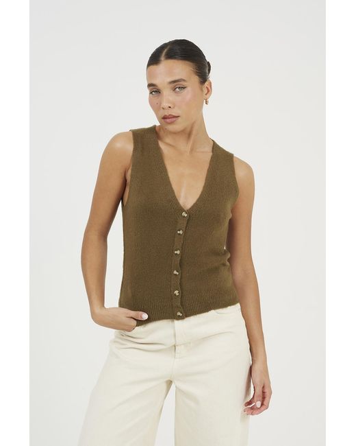 Brave Soul Green Mossy Yarn V-Neck Knitted Waistcoat