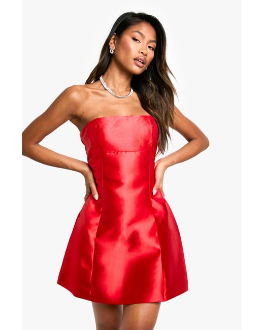 Boohoo Red Bandeau Satin A-Line Mini Dress