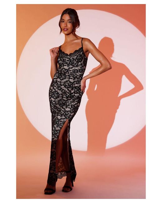 Quiz Orange Black Contrast Lace Split Leg Maxi Dress