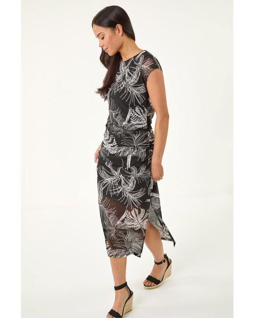 Roman Black Petite Abstract Print Gathered Stretch Dress