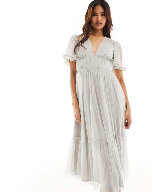 Beauut White Bridesmaid Tulle Midi Dress With Flutter Sleeve
