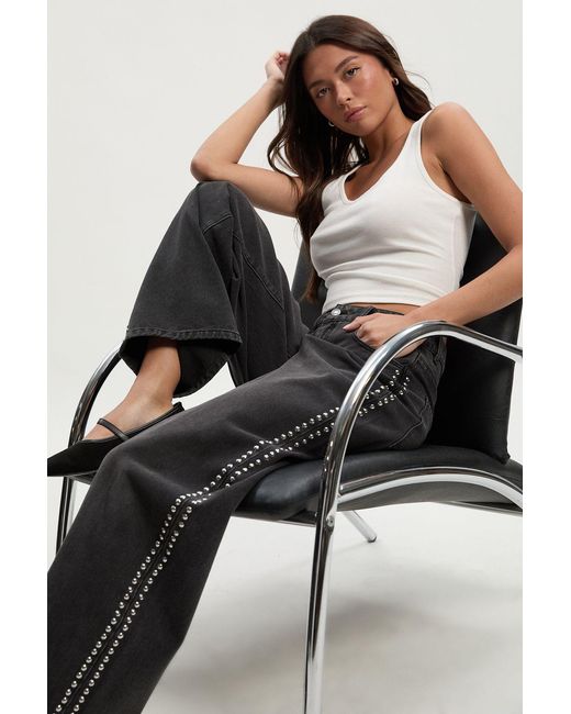 Boohoo Black Studded Mid Waist Wide Leg Jeans