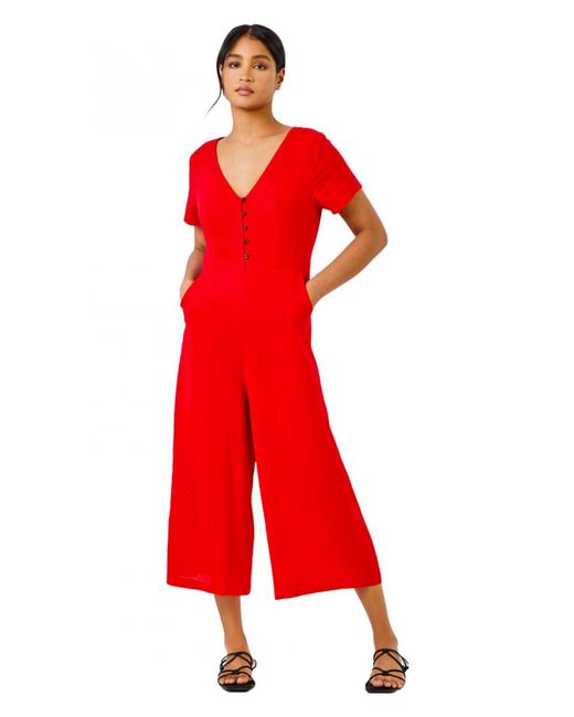 Roman Red Cotton Blend Culotte Jumpsuit