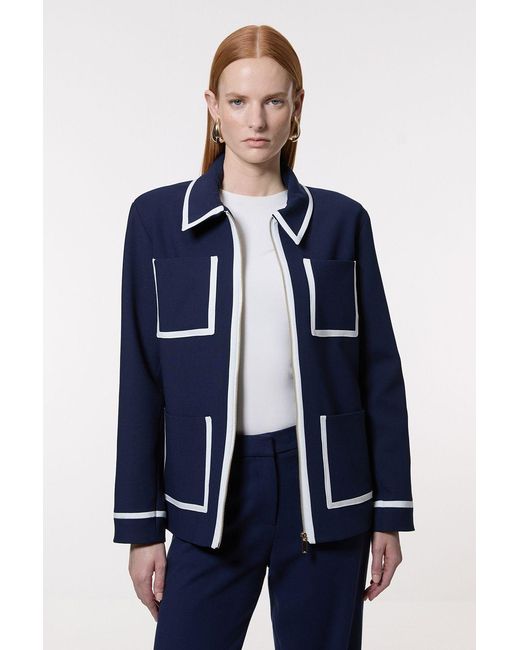 Karen Millen Blue Compact Stretch Tipped Pocketed Tailored Jacket