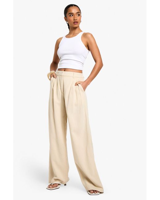 Boohoo Natural Petite Linen Look Straight Leg Trousers