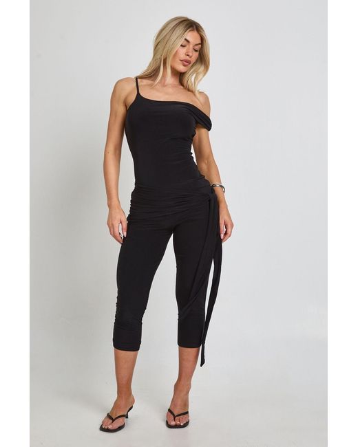Boohoo Black Slinky Asymmetric Neck Capri Jumpsuit