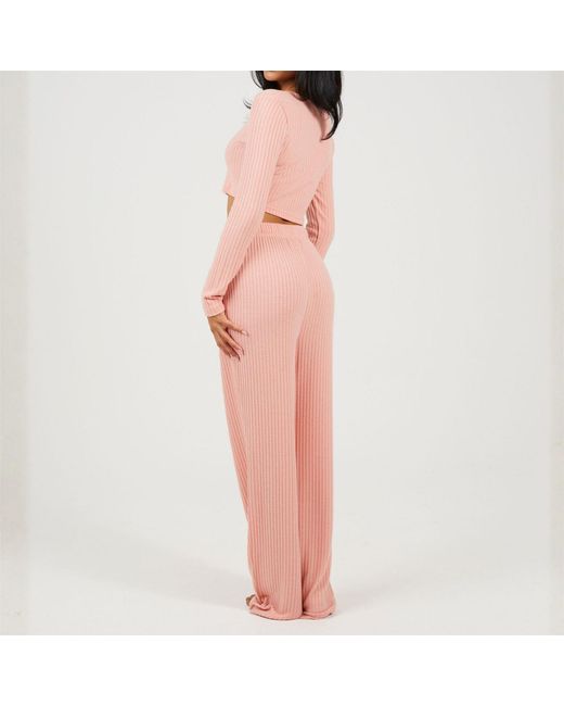 Brave Soul Pink Long Sleeve Cropped Top And Matching Trouser Lounge Set