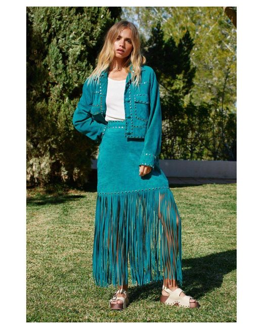 Warehouse Green Real Suede Studded Fringe Skirt