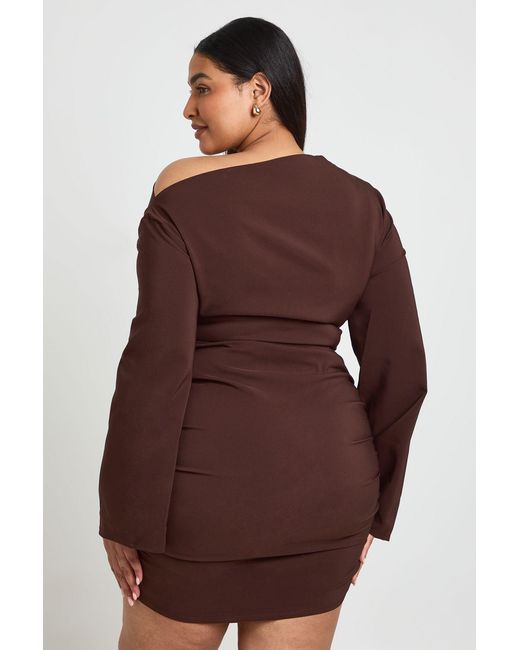 Boohoo Brown Plus Flared Sleeve Off The Shoulder Ruched Mini Dress