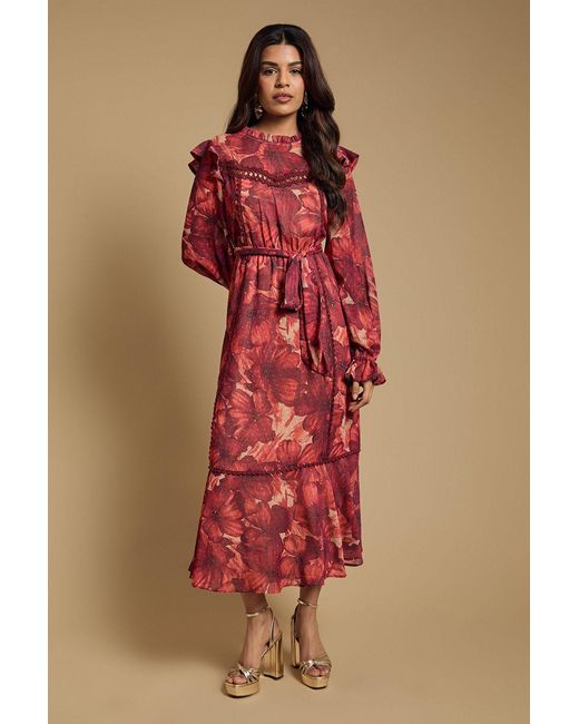 Oasis Red Petite Printed Dobby Chiffon Belted Waist Midi Dress
