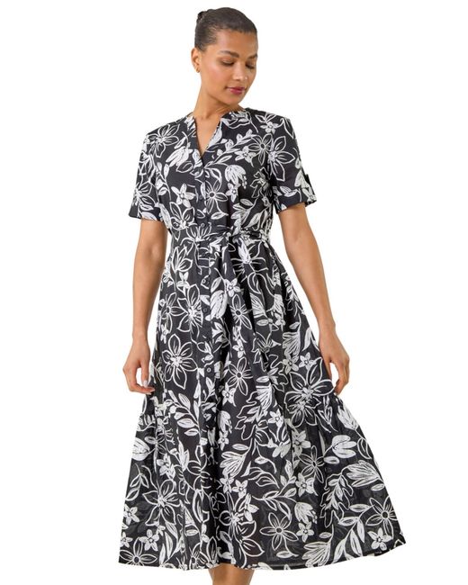 Roman White Floral Print Tie Waist Midi Dress