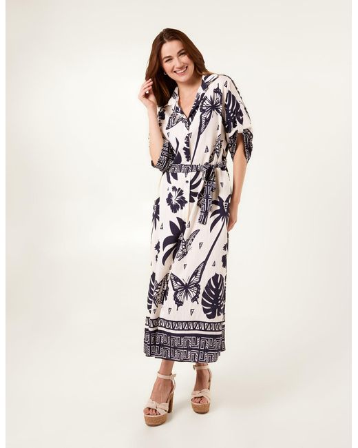 Blue Vanilla Natural Butterflies & Tropical Printed Abstract Shirt Dress