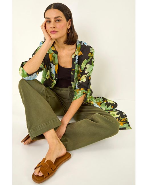Roman Green Floral Longline Buttoned Blouse