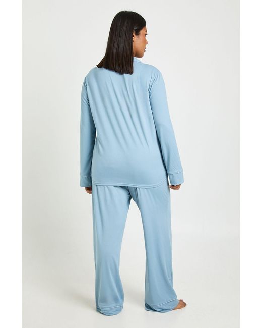 Boohoo Blue Plus Jersey Piping Detail Long Sleeve & Trouser Pyjama Set