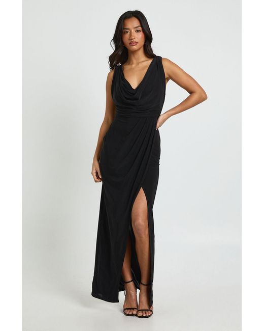 Boohoo Black Petite Slinky Ruched Wrap Maxi Dress